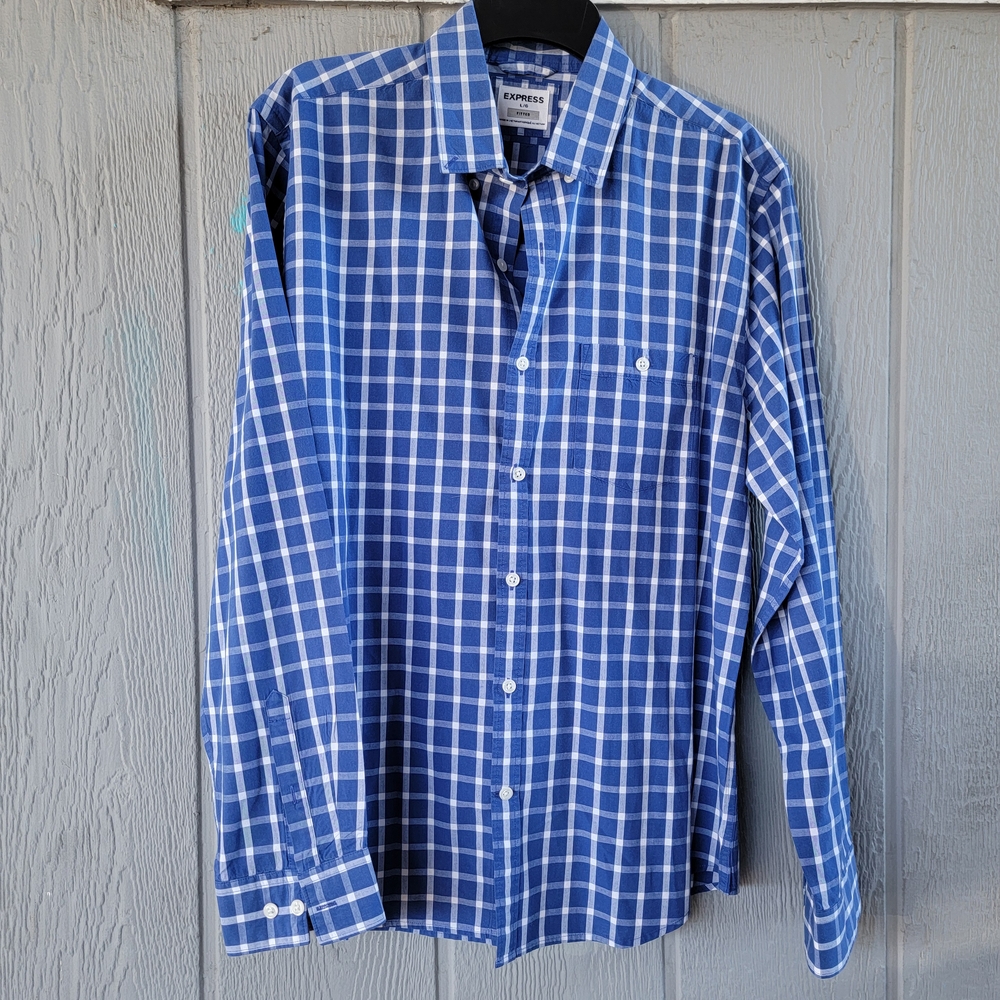 Express Summers Men's Fitted Long Sleeve Button Down Blue/ White Windowpane Sz L